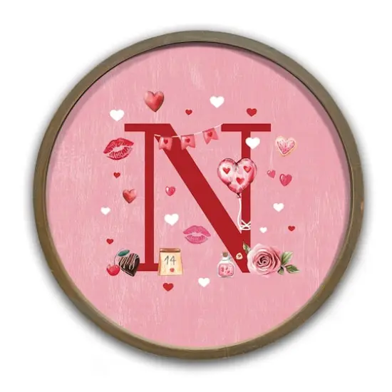 Valentine Things Monogram Round Brown Framed Print N {1}