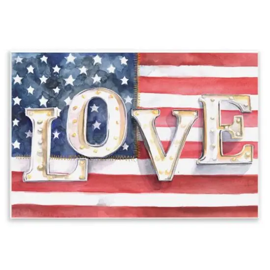 Stupell Industries Vintage Love Text Over Stitched American Flag Wall Plaque Art {1}