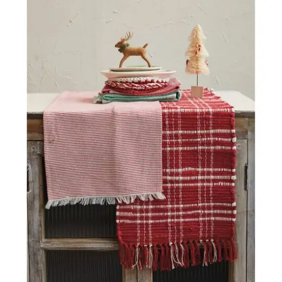 Hello Honey&reg; 72" Red & White Plaid Hand-Woven Cotton Chindi Table Runner with Fringe {3}