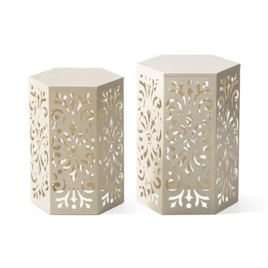 Glitzhome&reg; White Floral Motif Hexagonal Garden Stool Set {1}
