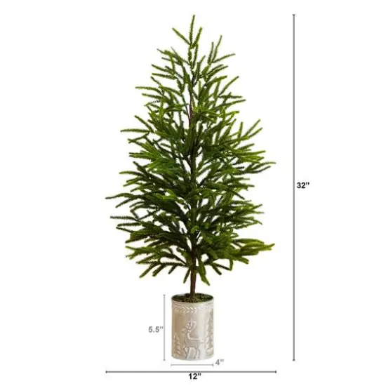 32in. Artificial Real Touch Norfolk Island Pine in Christmas Tin Metal Planter with Natural Look {3}