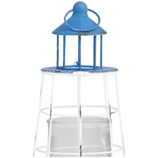 12" Blue Metal Distressed Decorative Light House Candle Lantern {4}