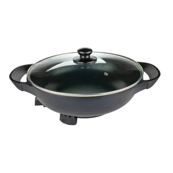 Brentwood 13" Black Nonstick Flat Bottom Electric Wok Skillet with Vented Glass Lid {3}