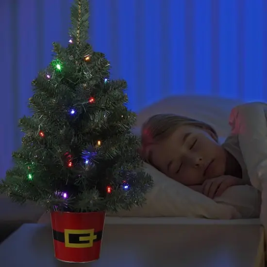 20" Pre-Lit Night Night&trade; Classic Pine Artificial Tabletop Christmas Tree in Santa Belt Base, Multicolor LED Lights {3}