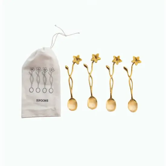Hello Honey&reg; Farmhouse Brass Finish Spoons with Flower Handles in Drawstring Bag {1}