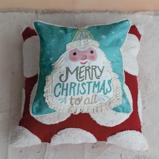 Hello Honey® 12" x 12" Square Merry Christmas to All Cotton Blend Printed Pillow with Embroidered Santa, Fringe & Pom Pom Trim {3}