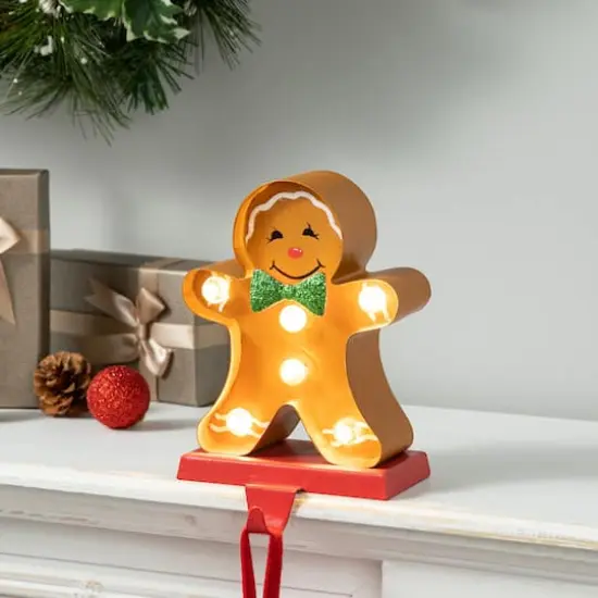 Glitzhome&reg; 7.25'' Marquee LED Gingerbread Man Christmas Stocking Holder {3}