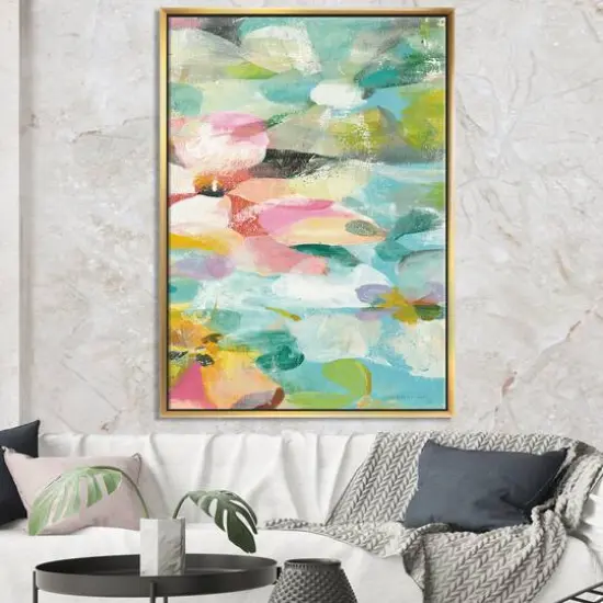 Designart - Handpainted Abstract Flowers in Blue and Pink - Cabin & Lodge Canvas in Gold Frame {3}