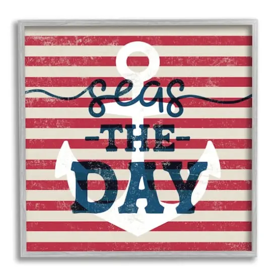 Stupell Industries Seas The Day Americana Anchor & Flag Phrase Framed Giclee Art Gray {1}