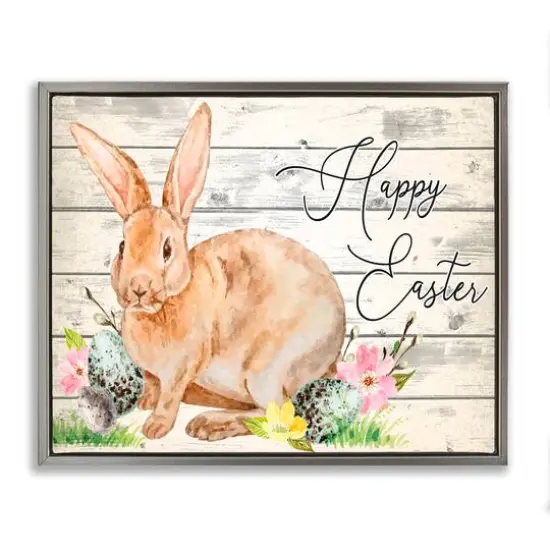 Stupell Industries Spring Floral Happy Easter Bunny Floater Framed Art Gray {1}