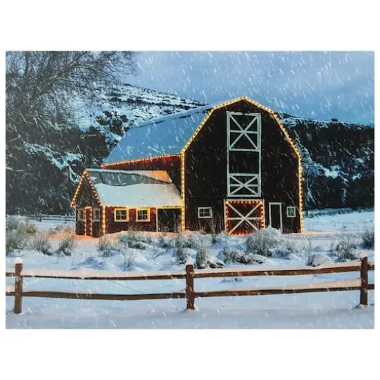 Snowy Red Barn LED Fiber Optic Canvas Wall Art {1}