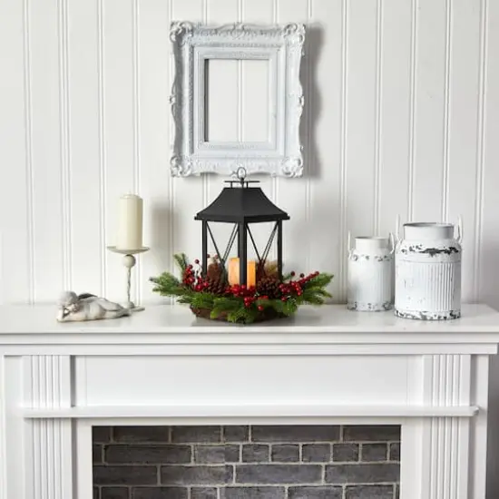 16" Christmas Berries, Pinecones & Greenery with Lantern and LED Candle Artificial Table Arrangement {5}