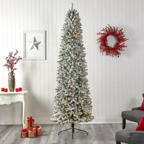 9ft. Pre-Lit Slim Flocked Montreal Fir Artificial Christmas Tree, White LED Lights {8}