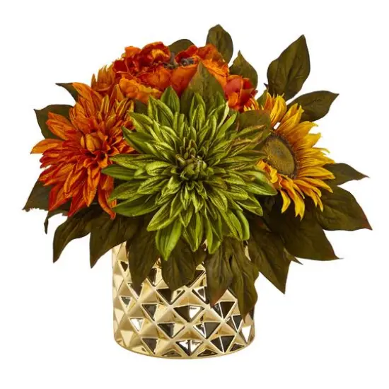 11" Peony, Dahlia & Sunflower Arrangement in Gold Vase {1}