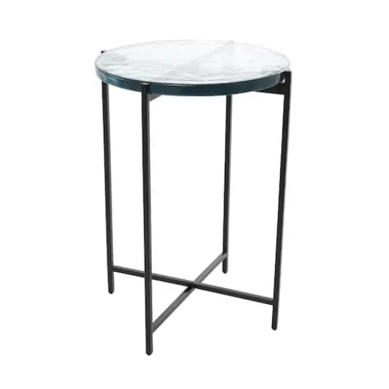 24" Metal X-Shaped Accent Table with Textured Glass Tabletop Black {5}