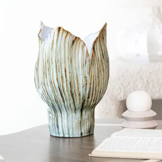 Hello Honey&reg; 12" Green & White Pleated Sculptural Stoneware Vase with Reactive Glaze {3}