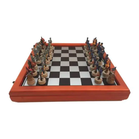 3.25" Civil War Generals Painted Resin Men Chess Set with Cherry Stained Chest Board {1}
