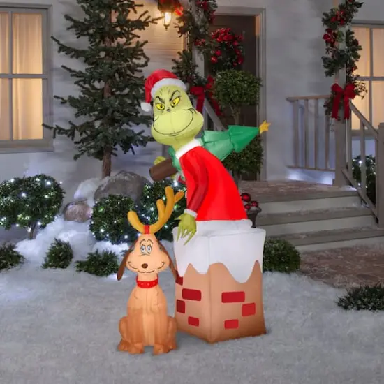 5.5ft. Airblown&reg; Inflatable Christmas Grinch & Max Chimney Scene {5}