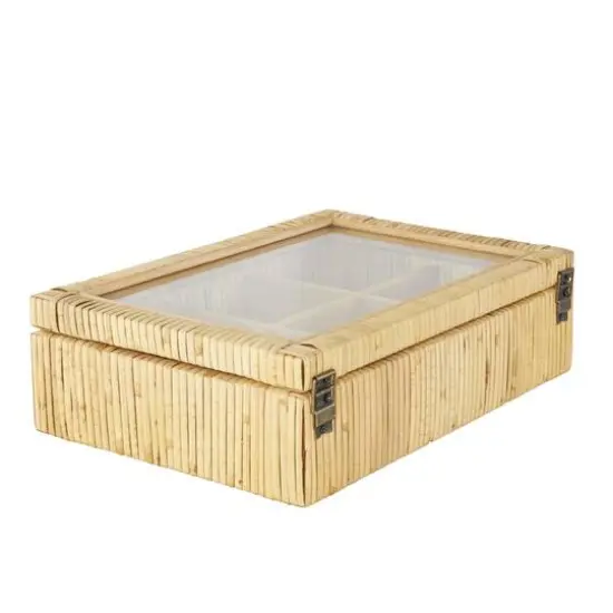 12" x 9" x 4" Brown Hand-Wrapped Rattan 6-Slot Jewelry Box with Tempered Glass Top {8}