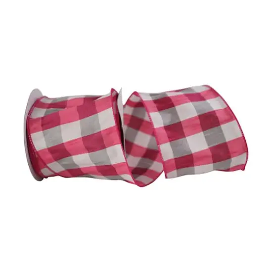 JAM Paper 4" x 10yd. Dupioni Check Grande Wired Ribbon Fuchsia/White {1}