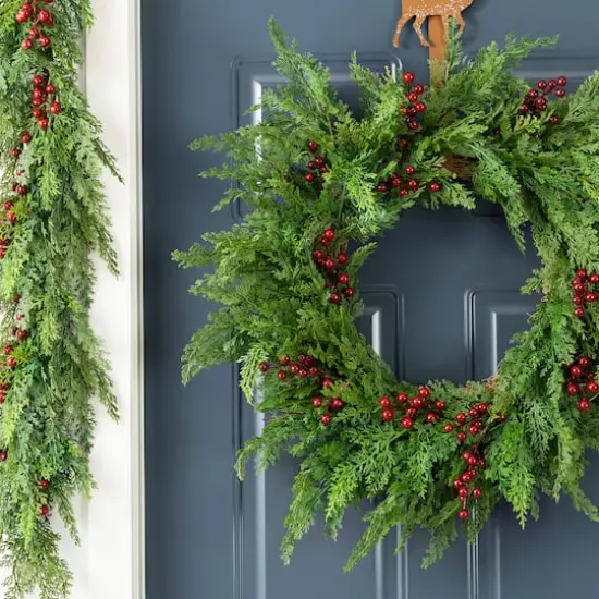 Glitzhome&reg; 24"D Christmas Greenery PE Cedar Wreath with Red Berries {5}