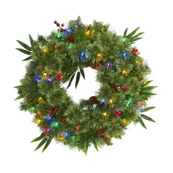 24" Multicolor LED Mixed Pine Christmas Wreath with Berries & Pinecones {1}