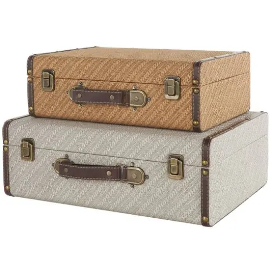 Taupe & Brown Vintage-Style Studded Woven Decorative Trunk Set {1}