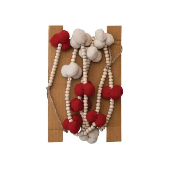 Hello Honey&reg; 6ft. Cream & Red Pom Poms with Wood Beads Garland {1}