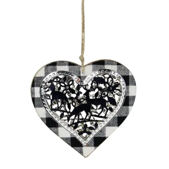 4.25" Black and White Buffalo Plaid Heart with Reindeer Christmas Ornament {1}