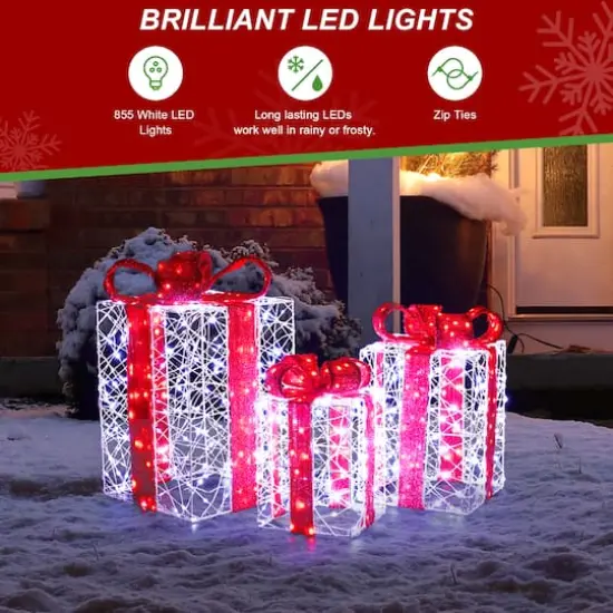 Glitzhome&reg; Lighted Christmas Crystal White 3D Giftbox Outdoor D&eacute;cor Set {7}