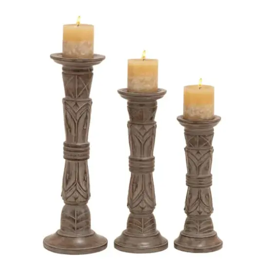 Light Brown Mango Wood Traditional Candle Holder Set {1}