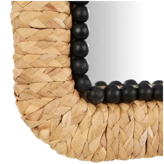 35" Brown & Black Woven Floral Rattan Wall Mirror with Beaded Detailing {5}