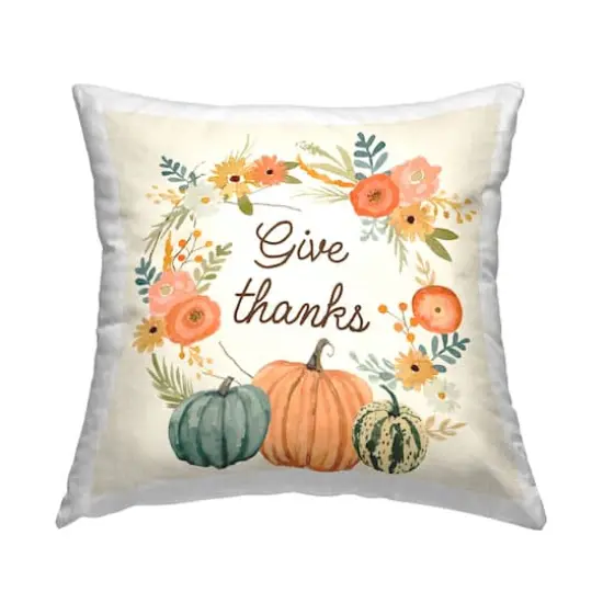 Stupell Industries Give Thanks Orange Pumpkin Flower Wreath Throw Pillow {1}