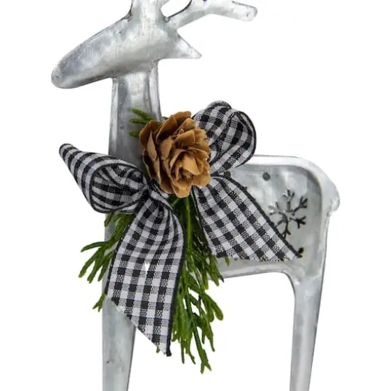 6.25" Silver Metal Reindeer Christmas Ornament with Black Gingham Bowtie & Pine {10}