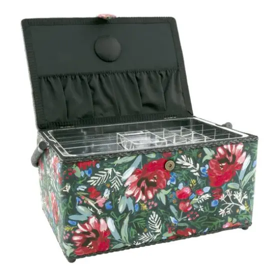 Dritz&reg; Green & Red Floral Extra Large Sewing Basket with Removable Tray {3}