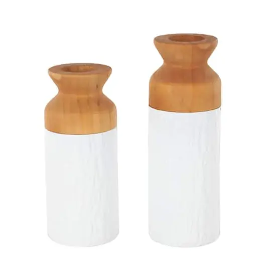 Brown & White Textured Metal & Wood Vase Set {1}