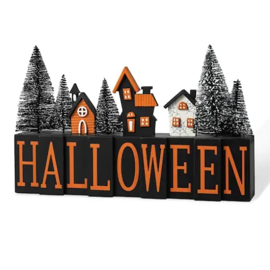 Glitzhome&reg; 14" Halloween Wood Haunted House Table Sign {1}