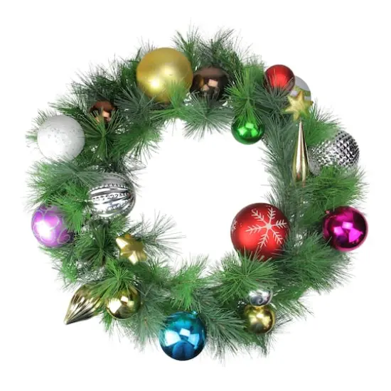24" Pre-Decorated Multicolor Ball Ornament Long Needle Pine Artificial Christmas Wreath, Unlit {4}