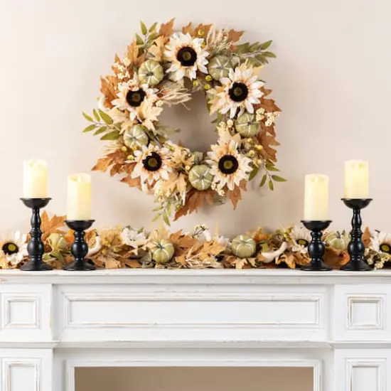 Glitzhome&reg; 24" Fall Neutral Sunflower, Pumpkin and Leaf Wreath {4}