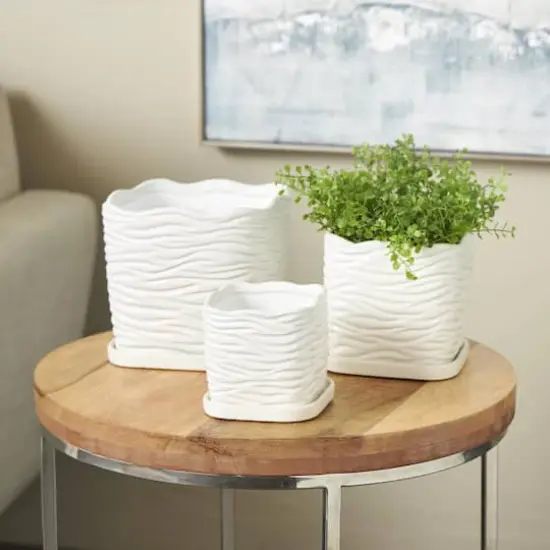 White Wavy Ribbed Ceramic Planter Set {3}