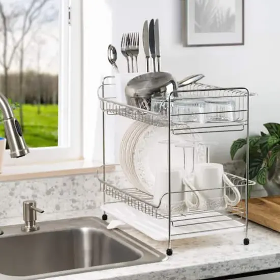 IRIS&reg; 15.75" Stainless Steel 2-Tier Dish Rack White {3}