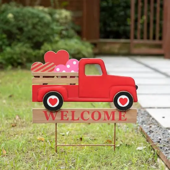 Glitzhome&reg; 24" Metal Wooden Valentine's Truck Yard Stake & Hanging Sign {3}