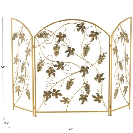 36" Gold Metal Fruit Foldable 3-Panel Fireplace Screen with Leaf Accents {8}