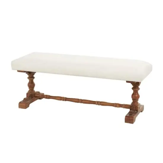 Cream Fabric Bench with Brown Turned Legs {1}