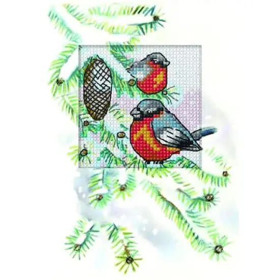 Orchidea Complete Counted Cross Stitch Kit - Greetings Card Bullfinches {1}