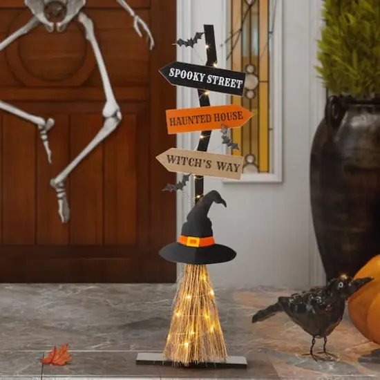 Glitzhome&reg; 42" Lighted Halloween Witch's Broom Porch D&eacute;cor with Timer {3}