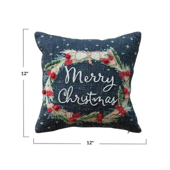 Hello Honey&reg; 12" Merry Christmas Embroidered Wreath with Pom Poms Cotton Pillow {5}