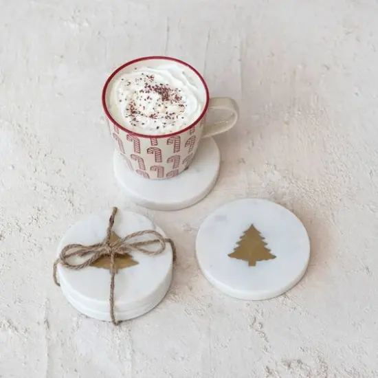 Hello Honey® 4" White Round Marble Coasters with Brass Tree Inlay, 4ct. {3}