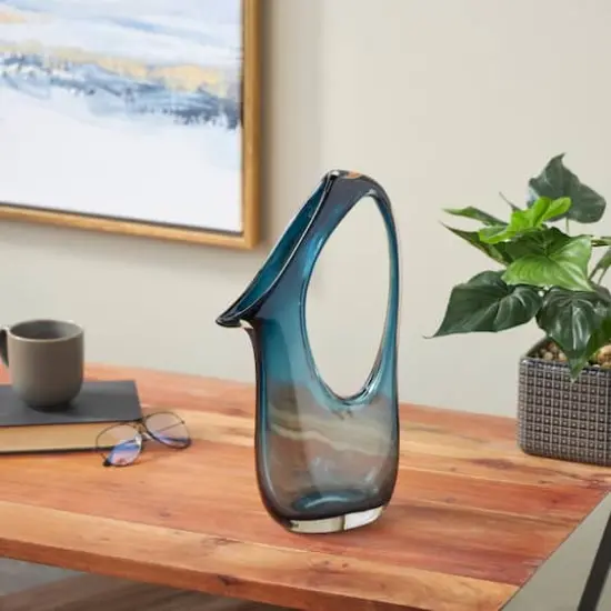 Blue Abstract Glass Vase with Cutout Handle & Elongated Opening Ombre Blue {3}