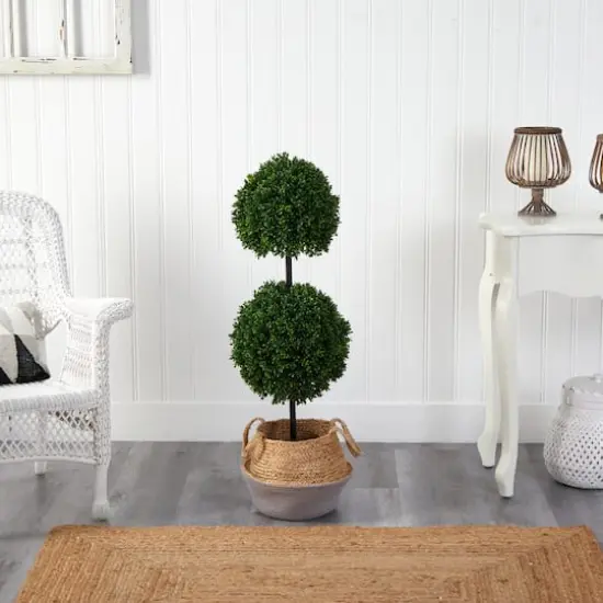 3.5ft. Boxwood Double Ball Artificial Topiary Tree in Boho Chic Handmade Cotton & Jute Gray Woven Planter UV Resistant (Indoor/Outdoor) {4}